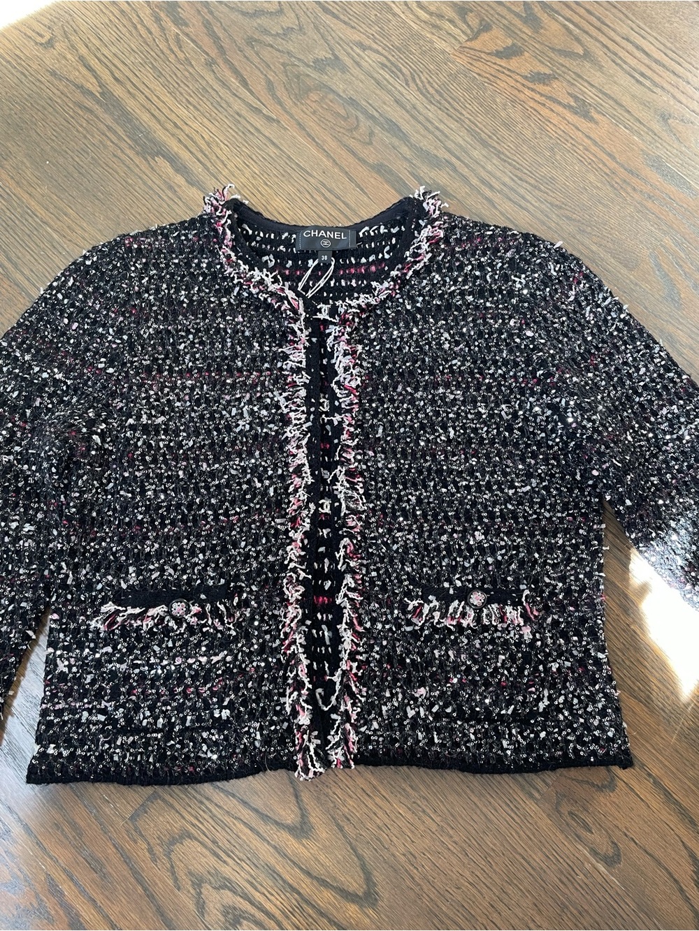 CHANEL Black Tweed Cropped Jacket with Pink & White Trim